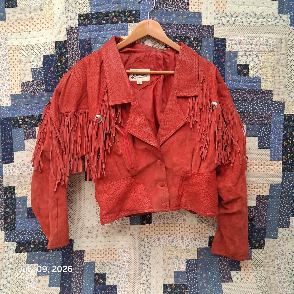 Vintage Bermans Leather Western Red Fringe Jacket Womens Medium Dolman Sleeve